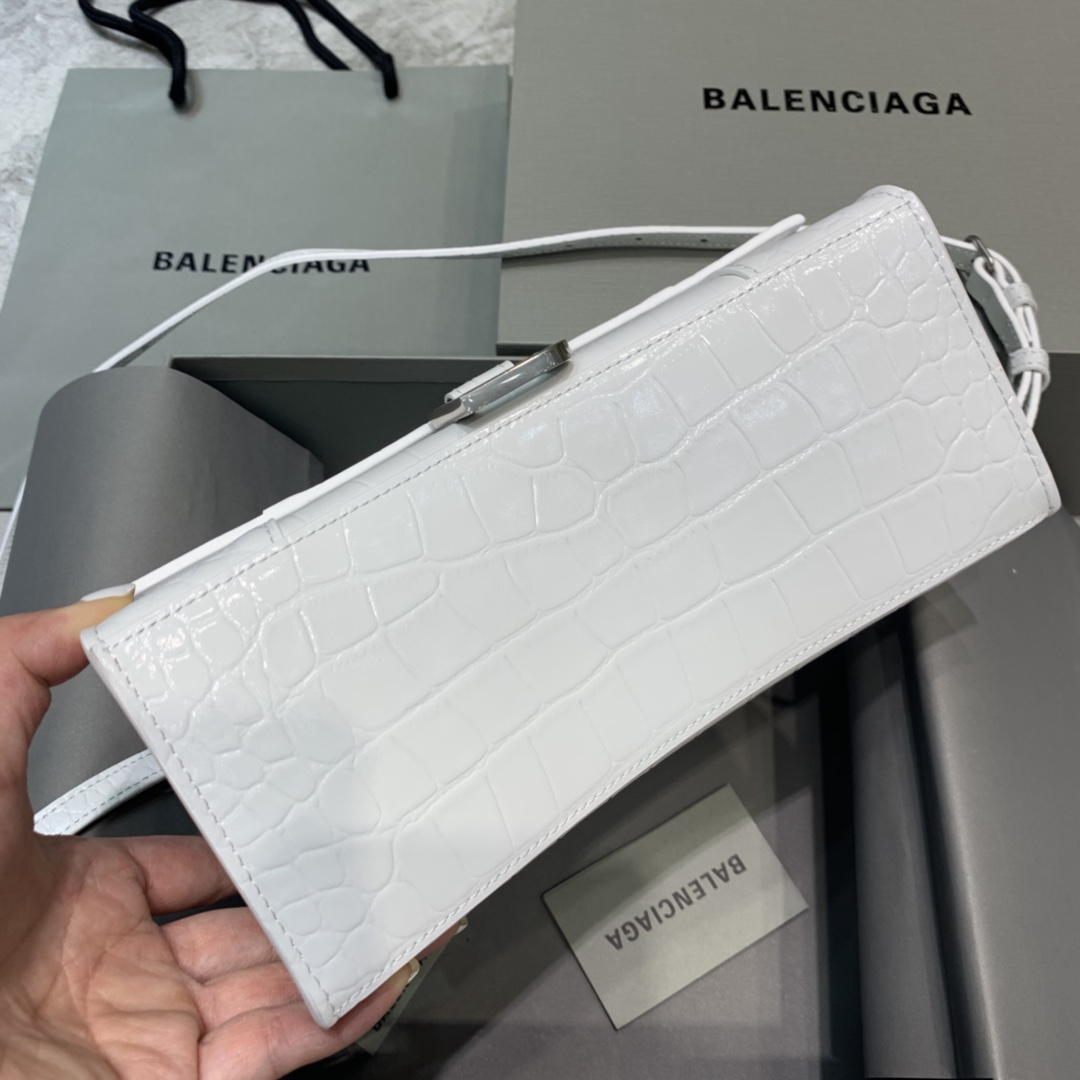 Balenciaga Hourglass Small Handbag Crocodile Embossed Shoulder Bag White